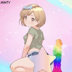 1girl 2d anime_style ass ass_focus, barefoot blonde_hair blue_shorts bob_cut brown_hair butt clothing_pull crop_top cute dildo dolphin_shorts exposed_midriff from_behind green_shirt green_t-shirt hair_bow hentai_fighter huge_dildo illustration kawaii knees_together large_eyes legs_together looking_back midriff navel on_ground pastel pink_background pink_bow rainbow_background shiny_skin short_hair short_shorts shorts_pull sideboob sitting smile snowbox soft_shading solo sparkles star t-shirt thick_thighs tight_shorts white_bow white_stars wide_hips