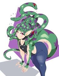 1boy androgynous bulge clothed crossdressing dreadlocks femboy gomibin_art gorgon green_hair huge_ass jeans long_tail looking_at_viewer male male_only original_character pointy_ears sissy small_bulge small_penis snake snake_hair snake_humanoid snake_tail sweat sweatdrop tagme thick_thighs tight_clothing tight_fit yung_(gomibin_art) yungntwisted