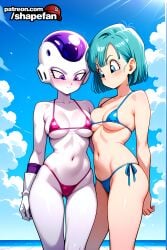 2girls absurd_res absurdres ai-created ai-generated ai_art ai_generated arms_behind_back artist_name bikini blue_bikini blue_eyes blue_hair blue_sky blush boobs breasts bulma bulma_briefs bust chest closed_mouth cloud collarbone colored_skin covered_nipples day female_frieza frieza frieza_race gloves hi_res high_quality high_resolution medium_breasts micro_bikini multiple_girls navel outdoors patreon patreon_username purple_bikini purple_eyes shapefan short_hair side-tie_bikini_bottom sky stable_diffusion standing swimsuit tagme tits uncensored underboob white_gloves