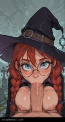 1girls ai_generated big_breasts blowjob blue_eyes breasts eraofmeat female freckles glasses graveyard meat_master nipples red_hair twin_braids witch witch_hat