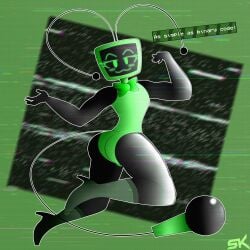1girl 2d ass ass_focus black_arms blushing butt butt_focus dandy's_world dialogue glitch_effect green_eyes green_tie green_torso microphone_tail nyrezu smiling thicc thicc_thighs thick_thighs tv_head tv_woman vee_(dandy's_world)