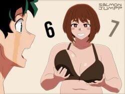 1boy 1girl 67_(meme) animated animated_gif big_breasts black_bra blush boku_no_hero_academia bra breasts brown_hair green_hair large_breasts meme midoriya_izuku ochako_uraraka open_clothes open_mouth open_shirt short_hair smile underwear uraraka_ochako zoomer_slang