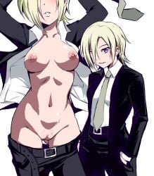 1girls :) absurd_res arms_up ass_visible_through_thighs belt black_jacket black_pants black_suit blonde_hair box_wonderland breasts breasts_apart cleft_of_venus closed_mouth clothed clothing collarbone ear_piercing ears eyebrows_visible_through_hair eyes_out_of_frame female female_only front_view functionally_nude grey_necktie groin hair_over_one_eye hands_in_pockets hands_on_head hi_res long_sleeves looking_aside looking_at_viewer love_live! love_live!_nijigasaki_high_school_idol_club medium_breasts mia_taylor multiple_views navel necktie nipples no_bra no_panties no_underwear nude open_belt open_clothes open_jacket open_shirt open_suit pants pants_down pubic_hair purple_eyes pussy shadow shirt short_hair simple_background smile solo sparse_pubic_hair standing straight_hair suit suit_jacket teeth thighs tomboy uncensored white_background white_shirt zoom_layer