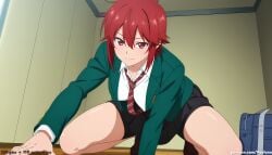 1girl 1girls absurd_res ai_assisted ai_generated aizawa_tomo anime ass bag black_skirt blush boobs breasts bubble_butt butt cleavage curvaceous curvy curvy_figure fang green_blazer hands_on_floor high_resolution highres hourglass_figure huge_ass huge_butt indoors large_breasts legs_apart light-skinned_female looking_at_viewer necktie patreon patreon_logo patreon_username red_eyes red_hair school_bag school_uniform short_hair skirt smile solo squatting striped_necktie thick_thighs thighs tomo-chan_wa_onna_no_ko veyluna voluptuous white_shirt wide_hips wooden_floor