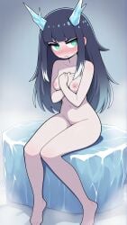 ai_generated blue_hair green_eyes ice ice_power long_hair waifu waifu_night white_body white_hair yokai youkai