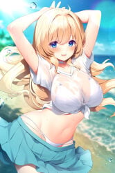 1girl ahoge beach bikini bikini_under_clothes blonde_hair blue_eyes blue_skirt blue_sky blush breasts cleavage clothes_pull contrapposto curvy fujisaki_hikari groin halterneck highres large_breasts lens_flare long_hair looking_at_viewer melonbooks midriff miniskirt multi-strapped_bikini_bottom narrow_waist navel original outdoors parted_hair pleated_skirt see-through_clothes see-through_shirt shirt skirt skirt_pull sky smile solo string_bikini swimsuit t-shirt tied_shirt wet wet_clothes wet_shirt white_bikini white_shirt
