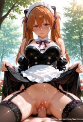 1boy 1girl ai_generated alternate_costume apron asuka_langley_sohryu bangs bare_shoulders black_dress blue_eyes blush breasts clitoris closed_mouth clothed_sex clothes_lift cowgirl_position day detached_sleeves dress dress_lift enmaided garter_belt garter_straps girl_on_top hair_between_eyes heart heart-shaped_pupils hetero kermixx lifted_by_self lips long_hair long_sleeves looking_at_viewer maid maid_apron maid_headdress medium_breasts neon_genesis_evangelion no_panties orange_hair outdoors patreon_username penis pov pussy pussy_juice ribbon sex skirt skirt_lift solo_focus straddling sweat symbol-shaped_pupils thighhighs tree twintails uncensored vaginal waist_apron white_apron