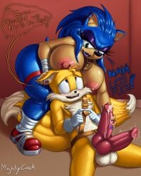 1boy 1girls 2020 2_tails 4:5 absurd_res animal_genitalia animal_penis anthro areola balls belt big_breasts biped blue_body blue_eyes blue_fur bodily_fluids boob_hat breasts brown_kerchief brown_neckerchief canid canine canine_genitalia canine_penis clothing colored_nails crossgender cum cum_on_penis dialogue digital_media_(artwork) dipstick_tail duo ear_piercing english_text eulipotyphlan eyeshadow facial_piercing female fishnet_clothing fishnet_legwear footwear fox fur furry furry_female furry_male furry_only genital_fluids genitals gesture gloves green_eyes half-closed_eyes handjob handwear hedgehog hi_res kerchief knot legwear lip_piercing lipstick makeup male male/female mammal markings mightycock miles_prower mtf_crossgender multi_genitalia multi_penis multi_tail multicolored_tail nails narrowed_eyes neckerchief neckwear nipple_piercing nipples open_mouth penile penis piercing pink_areola pink_nipples precum purple_eyeshadow purple_lipstick purple_nails red_clothing red_footwear red_penis red_shoes sega sensitive_ears sex shoes sitting smile sonic_(series) sonic_boom sonic_the_hedgehog sonic_the_hedgehog_(series) sonique_the_hedgehog speech_bubble standing tail tail_markings tails_the_fox tan_body tan_skin text thick_thighs white_balls white_body white_clothing white_fur white_gloves white_handwear yellow_body yellow_fur