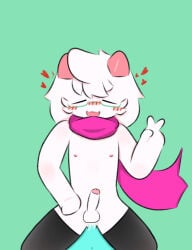 anthro black_clothing black_legwear black_stockings blush bodily_fluids bovid caprine clothing cum deltarune ears_down eyes_closed eyewear fur genital_fluids glasses goat heart_symbol kris_(deltarune) legwear male male/male mammal nipples open_mouth orgasm pivoted_ears ralsei scarf sitting sitting_on_another smile solo spread_legs spreading stockings undertale_(series) white_body white_fur