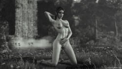 1girls 3d 3d_render alternate_version baldur's_gate baldur's_gate_3 black_hair elf_female monochrome mrvargas nipples on_knees outdoors pointy_ears pussy shadowheart small_breasts solo