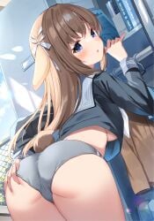 1girl :o animal_ears ass ass_focus black_shirt blue_sky blush book breasts brown_hair brown_jacket buruma bush chain-link_fence day double_vertical_stripe fence grabbing_own_ass grey_buruma grey_sailor_collar hair_ribbon highres irori jacket locker long_sleeves medium_breasts no_bra open_mouth original outdoors rabbit_ears rabbit_girl rabbit_tail ribbon sailor_collar school_uniform shirt sidelocks sky solo standing tail underboob white_ribbon