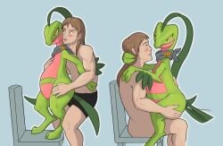 2_toes ambiguous_gender belly clothed clothing feet feral generation_3_pokemon green_body green_skin grovyle hair hand_on_belly hand_on_leg hand_on_thigh hi_res holding_head human interspecies male mammal nintendo nude partially_clothed pokemon pokemon_(species) pokephilia semi-anthro simple_background suggestive thick_thighs toes touching_chest touching_hair wide_hips yellow_sclera
