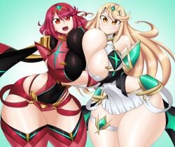 bbw blonde_hair breast_press golden_eyes grabbing_another's_breast hug huge_breasts kreativekailyn long_hair massive_breasts mythra not_ai_generated pyra red_eyes red_hair short_hair sisters smile smiling_at_viewer thick_thighs tiara wide_hips xenoblade_(series) xenoblade_chronicles_2