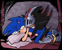 2024 anthro armor bed bedroom_eyes bodily_fluids dialogue drooling duo english_text eulipotyphlan from_behind_position furniture gay gay_male heart_symbol hedgehog hi_res holding_object holding_pillow hug hugging_another hugging_from_behind kneeling kneeling_sex male male/male male_penetrated male_penetrating male_penetrating_male mammal narrowed_eyes on_bed penetration pillow praise saliva seductive sega sex shaddycatz shadow_the_hedgehog sir_lancelot_(sonic_and_the_black_knight) smile sonadow sonic_and_the_black_knight sonic_storybook_series sonic_the_hedgehog sonic_the_hedgehog_(series) speech_bubble tail text thrust_lines yaoi