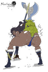 1boy 1girls amazon_(goblin_slayer) anal anal_penetration anal_sex ass balls blush brown_hair censored circlet cum dark-skinned_female female goblin goblin_male goblin_slayer green_eyes huge_ass huge_cock long_hair male muscular_female noriyuki83 nude_male_clothed_female open_mouth paw_tattoo size_difference small_dom_big_sub straight sweat tagme trembling weapon