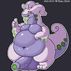 1:1 2021 anthro balls big_balls big_penis biped blush digital_media_(artwork) flaccid generation_6_pokemon genitals goodra hi_res huge_balls huge_belly huge_cock j1110_tanuki looking_at_viewer male moobs nalve nintendo nude penis pokemon pokemon_(species) simple_background smile solo thick_thighs wide_hips