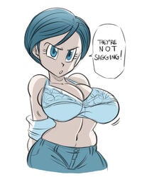 1girls 2020 belly_button big_breasts blue_eyes blue_hair bra breasts bulma_briefs cleavage clothing dragon_ball dragon_ball_super dragon_ball_z female female_only funsexydragonball huge_breasts large_breasts looking_at_viewer milf navel short_hair shounen_jump solo speech_bubble text