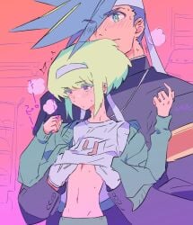 1femboy 2boys 2d 2d_(artwork) androgynous blonde_hair blush blushing bob_cut cheerleader clothed clothing costume embarrassed femboy femboysub feminine_faced_male feminine_male galo_thymos gay gay_sex hand_under_clothes lio_fotia midriff nervous petite petite_body petite_male promare short_hair short_male shy size_difference slim slim_male slim_waist thin_waist twink yaoi