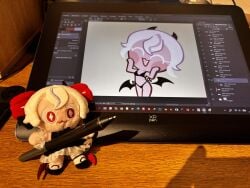 accurate_art_style black_bra black_panties candy_apple_cookie cookie_run cookie_run_kingdom drawing_tablet lingerie lingerie_only minigirl pen photo plushie real silly size_difference soff_doll tagme