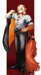 absurd_res anthro arknights arm_tattoo blazer bodily_fluids bottomwear bulge canid canine canis clothing detailed_bulge domestic_dog freegutchang69 fur genital_fluids hair hi_res horn hung_(arknights) hypergryph male mammal orange_hair orange_tail pants precum shirt solo studio_montagne tail tan_body tan_fur tattoo topwear white_body white_fur white_hair yellow_eyes