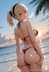1girl ahoge ai_generated ass back bangs bare_shoulders beach bikini blonde_hair blush breasts cissia_(zenless_zone_zero) closed_mouth cloud cowboy_shot from_behind grabbing_own_ass hair_ornament hair_scrunchie hairband kermixx large_breasts looking_at_viewer looking_back medium_breasts ocean outdoors red_bikini red_eyes scrunchie side-tie_bikini_bottom side_ponytail sideboob sidelocks sky smile solo string_bikini sunset swimsuit thong_bikini water wet zenless_zone_zero