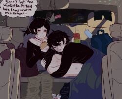 1boy 1girls 2d andrew_graves ashley_graves black_hair bottomless bottomless_female brother_and_sister car dialogue eating english_text female homeless incest lipstick_mark male n9305915 pink_eyes police ponytail siblings sleeping straight the_coffin_of_andy_and_leyley