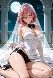 1girl ai_generated bangs bare_shoulders black_bow black_footwear black_shorts blush bow bowtie breasts bridal_veil cleavage closed_mouth covered_navel detached_collar dress earrings elbow_gloves flower full_moon glasses gloves high_heels jewelry kermixx large_breasts lips looking_at_viewer moon night night_sky pillar pink_eyes pink_hair semi-rimless_eyewear shiny shiny_skin short_hair shorts sitting sky smile solo strapless sweat thighs tiara tsukishiro_yanagi veil wedding_dress wet white_dress white_gloves zenless_zone_zero