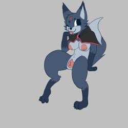 absurd_res animal_genitalia animal_vulva anthro blushcrunch_studio breasts canid canine canine_genitalia canine_vulva cloak cloak_only clothing dandy's_world eclipse_(dandy's_world) female genitals hi_res mammal nipples one_eye_closed simple_background sitting slimeation solo tongue tongue_out vulva wink