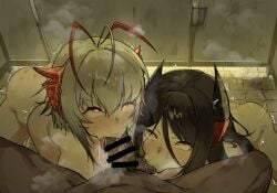 1boy 2girls antenna_hair arknights ass bar_censor black_hair black_horns breasts censored commentary_request completely_nude cooperative_fellatio dark-skinned_male dark_skin demon_horns fellatio ffm_threesome gensou_destroy grey_hair group_sex hetero highres horns ines_(arknights) interracial large_breasts light-skinned_female light_skin long_hair multicolored_horns multiple_girls nude oral orange_eyes penis red_horns short_hair teamwork_(sexual) threesome two-tone_horns w_(arknights)