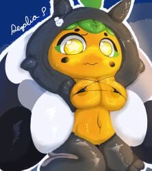 accessory anthro areola areola_slip belly big_breasts bikini blush breasts clothing female generation_9_pokemon hi_res legendary_pokemon looking_at_viewer micro_bikini navel nintendo ogerpon pokemon pokemon_(species) regal_phantom shortstack solo swimwear two-piece_swimsuit