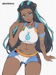1girl aqua_eyes aqua_gem aqua_hair aqua_nails armlet artist_name artist_request bare_shoulders belly_chain bike_shorts bikini black_hair blue_hair breasts chain collarbone cowboy_shot crop_top dark-skinned_female dark_skin english_commentary game_freak gem head_tilt highres invisible_chair jewelry long_hair looking_at_viewer medium_breasts midriff multicolored_hair nail_polish navel necklace nessa_(pokemon) nintendo pokemon pokemon_ss pokemon_sword_and_shield pokemon_swsh simple_background sitting solo stomach swimsuit tankini thighs twitter_username two-tone_hair waist_chain white_background