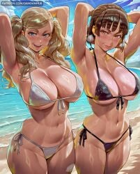 2girls ai_generated ann_takamaki armpits arms_behind_head arms_up beach bikini black_bikini blonde_hair blue_eyes blue_sky blush braid breasts brown_eyes brown_hair cleavage crown_braid dandanhub day front-tie_top large_breasts long_hair looking_at_viewer makoto_niijima multiple_girls navel ocean open_mouth outdoors persona persona_5 short_hair side-tie_bikini_bottom sky smile sweat swimsuit takamaki_anne tan tanlines twintails wet white_bikini