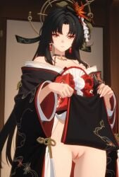 ai_generated black_kimono exposed_pussy female female_focus female_only hair_ornament hotori_(neverness_to_everness) kimono lifted_clothing neverness_to_everness pussy solo solo_female solo_focus