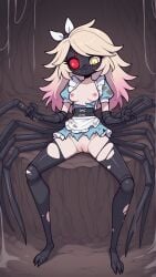 ai_generated dark_skin doll doll_girl long_hair nightmare_waifu red_eyes spider spider_girl spider_humanoid waifu waifu_night yellow_eyes yellow_hair