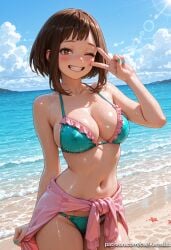 1girl ai_generated aqua_bikini aqua_nails bangs bare_shoulders beach bikini blue_sky blush breasts brown_eyes brown_hair cleavage clothes_around_waist cloud collarbone cowboy_shot day frills grin kermixx large_breasts lens_flare looking_at_viewer my_hero_academia nail_polish navel ocean ochako_uraraka one_eye_closed outdoors short_hair sidelocks sky smile solo starfish swimsuit teeth uraraka_ochako v water wet
