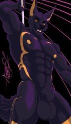 anthro anubian_jackal balls big_balls black_body black_fur canid canine canis dancing esmui fur genitals gold_eye hi_res hybrid jackal looking_at_viewer male mammal muscular muscular_male pole pole_dancing pyxou solo wolf yellow_body yellow_fur