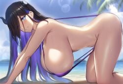 1girls ai_generated all_fours beach black_hair blue_eyes brown_dust_2 brutoaimage colored_inner_hair eclipse_(brown_dust_2) from_side hanging_breasts horns huge_breasts large_breasts long_hair sling_bikini slingshot_swimsuit solo