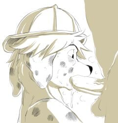 2013 anthro armor balls battle_angel black_nose bodily_fluids canid canine canis cum cum_in_mouth cum_inside dalmatian domestic_dog duo fellatio firefighter firefighter_helmet floppy_ears fur genital_fluids genitals headgear helmet male male/male mammal markings monochrome oral penile penis penis_in_mouth sex simple_background solo_focus spots spotted_body spotted_fur