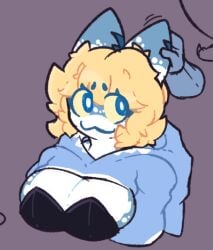 :3 blonde blonde_female blonde_hair disembodied_hand holding_ear looking_at_hand looking_up onesie oni_chuu shark_ears shark_girl shark_humanoid shark_onesie