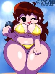 2026 auburn_hair beach big_breasts breasts friday_night_funkin girlfriend_(friday_night_funkin) golden_bikini long_hair microphone spicyboi tagme thick_thighs watermark wink winking_at_viewer