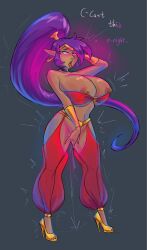bandeau blush breast_expansion breasts_out choker circlet corruption cuddlesword dark_skin earrings elf_ears english_text female_ejaculation genie_girl gigantic_breasts glowing_eyes hand_on_head harem_pants high_heels high_ponytail hoop_earrings masturbating masturbation mind_control pink_eyes pointy_ears ponytail purple_hair shantae shantae_(character) solo_female squirting standing_masturbation tongue_out torogao