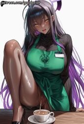 1_girl ahegao ai_generated barista black_hair blue_archive blush coffee coffee_cup drooling exposed_pussy glossy_skin gradient_hair green_apron high_heels indoors karin_(blue_archive) leg_up long_hair name_tag no_panties oiled peeing piss purple_hair shiny_skin shirt_lift solo stream sweat tongue_out urine waitress watersports wooden_table yellow_eyes