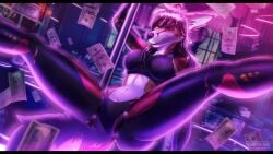 absurd_res anthro bra canid canine clothing cybernetic_eye cybernetic_limb cybernetics cyberpunk dancing ember_river female fox hi_res machine mammal money nayra_anderson neon_lights panties pole pole_dancing spread_legs spreading underwear vulpkanin