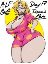 1girls big_breasts blonde_hair breasts choker cleavage clothed clothing cross dress female female_only glasses jyto large_breasts looking_at_viewer milf mom_(the_binding_of_isaac) mother necklace simple_background solo solo_female the_binding_of_isaac thick_thighs wide_hips