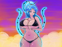 alera_kaze beach bikini blue_eyes blue_hair boobs_bigger_than_head busty curvy_body digital_drawing digital_media gigantic_breasts huge_breasts huge_thighs kylex2039 mega_milk original_character ponytail tails tattoos thick_hips thick_legs thick_thighs twintails wind_spirit