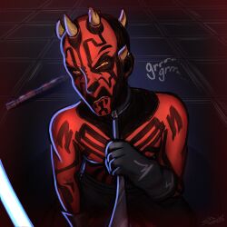 1boy blue_lightsaber collar darth_maul horns kneeling leash_and_collar lightsaber lightsaber_hilt male male_only nipples solo star_wars submissive_male zabrak