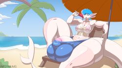 4_ears absurd_res anthro areola ass balls beach beach_chair big_balls big_butt big_penis blue_eyes blue_hair breasts clothed clothing cloud dessert detailed_background digital_media_(artwork) fin fish flaccid food genitals gills gynomorph hair hi_res huge_balls huge_butt huge_cock huge_hips huge_thighs humanoid_genitalia humanoid_penis hyper hyper_balls hyper_genitalia hyper_hips hyper_thighs ice_cream ineffective_clothing infernums intersex island looking_at_viewer male_(lore) marine multi_ear navel nipples outside palm_tree penis plant sal_(salboye) sand sea seaside shark sitting sky solo swimming_trunks swimwear tail tail_fin thick_thighs tree umbrella water wide_hips
