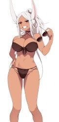 1girls bikini black_bikini boku_no_hero_academia dark-skinned_male dark_skin eyewear_removed female_only grin holding_object ko_koyap looking_at_viewer my_hero_academia red_eyes rumi_usagiyama smug standing sunglasses sunglasses_removed tan_body white_hair