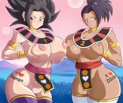 2girls alternate_breast_size ashamed black_hair blush body_writing breast_grab caulifla covered_nipples dragon_ball dragon_ball_super female female_only female_saiyan god_of_destruction_(cosplay) goddess goddess_of_destruction grabbing_own_breast hands_on_breasts huge_breasts kale large_breasts multiple_girls nipples partially_clothed soul-z thighhighs tournament_of_power universe_6 universe_6_girls