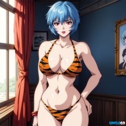 1girls ai_generated arm_on_hip armpits big_breasts big_breasts big_breasts bikini blue_hair bob_cut breasts cleavage clone hips huge_breasts indoors lipstick looking_at_viewer makeup milf navel neon_genesis_evangelion posing red_eyes rei_ayanami self_upload short_hair stable_diffusion string_bikini striped_bikini tiger_print unclego